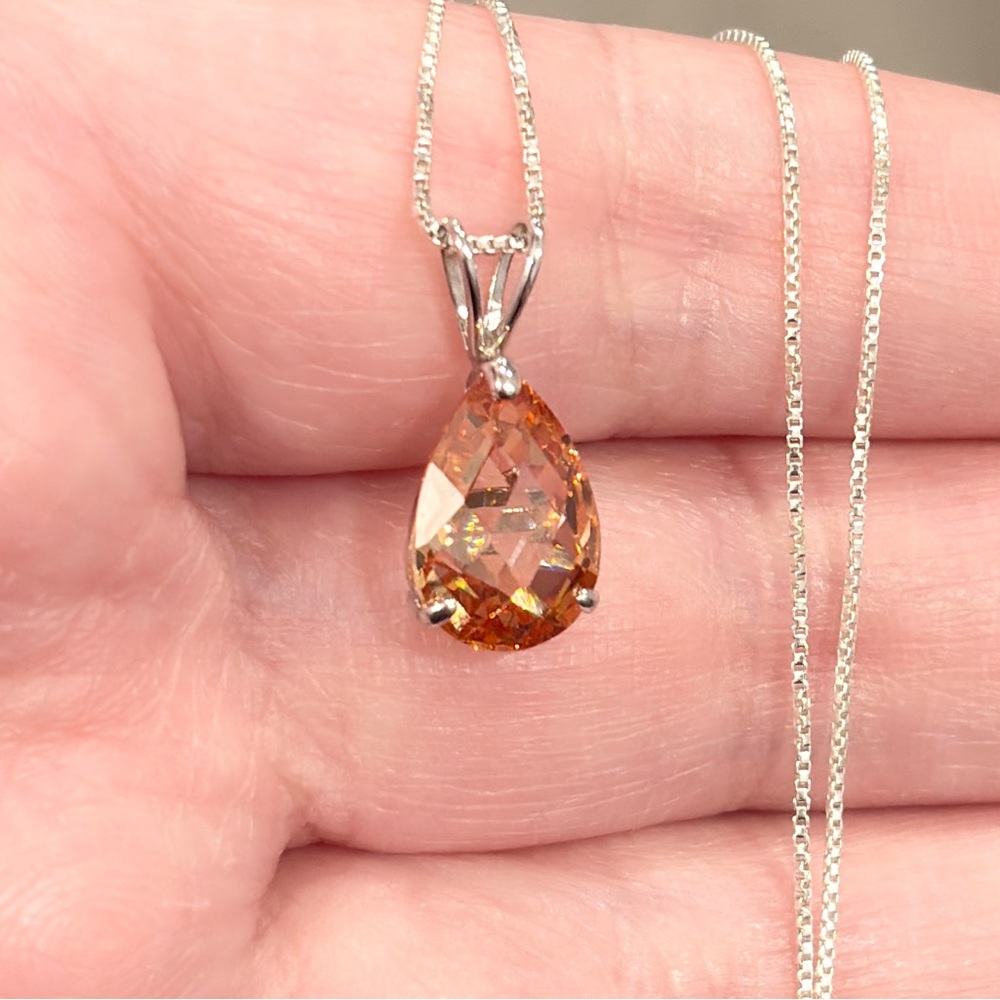 14K Citrine Teardrop Pendant, White Gold, Rose Pear Cut, Yellow Orange Cognac - Picture 9 of 16